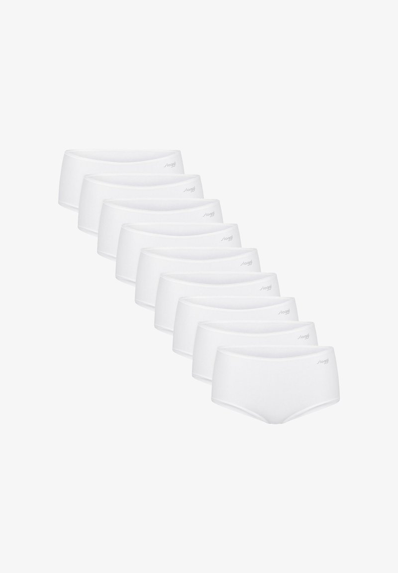 Dix culottes blanches pour femmes de style hipster disposées en diagonale, chacune avec un petit logo "Sloggi" sur la ceinture.