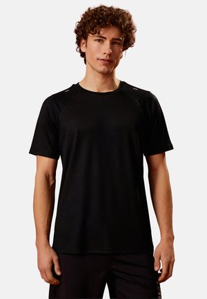 Black crew-neck athletic t-shirt, short sleeves, ribbed texture, reflective accents on shoulders, fitted design.