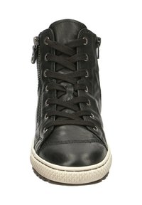 Schwarze Leder-Hochschnitt-Sneaker mit vorderer Schnürung und Seitend zum Zipper. Verfügt über eine weiße, strukturierte Gummisohle und eine glatte Oberfläche.