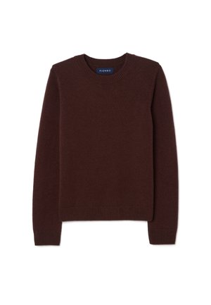 Brown knitted sweater with a crew neckline. Features long sleeves and ribbed cuffs and hem. Smooth texture, classic fit, minimal detailing.