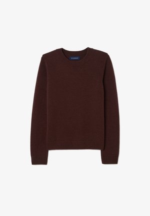 Brown knitted sweater with a crew neckline. Features long sleeves and ribbed cuffs and hem. Smooth texture, classic fit, minimal detailing.