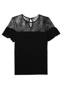 Svart kortärmad topp med genomskinlig spets över bröstet och axlarna, nyckelhålsutskärning och volangkanter på ärmarna.
