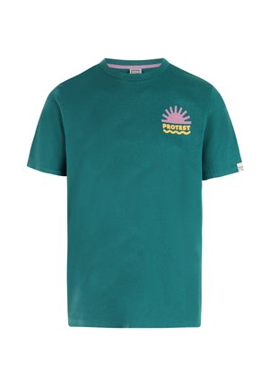 T-shirt turquoise à manches courtes en coton, avec un imprimé graphique d'un soleil et des vagues en rose et jaune sur la partie gauche de la poitrine.