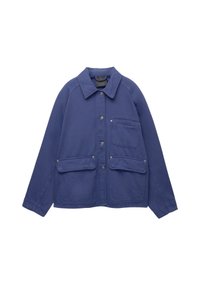 Navy blue cotton jacket with a spread collar, front button closure, two large front pockets, and a chest pocket. Smooth texture, casual design.