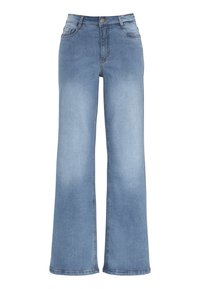 Hellblaue weit geschnittene Jeans aus Denim. Verfügt über einen Knopfverschluss, fünf Taschen und Akzente durch Sticherei. Glatte Textur mit leichter Ausbleichung.