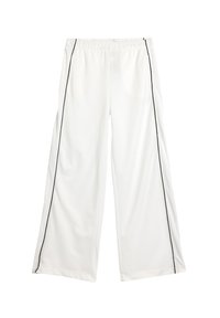 Hvide bredde-bukser med en sort sidel stripe, lavet af glat stof med elastisk talje og uden synlige lommer.