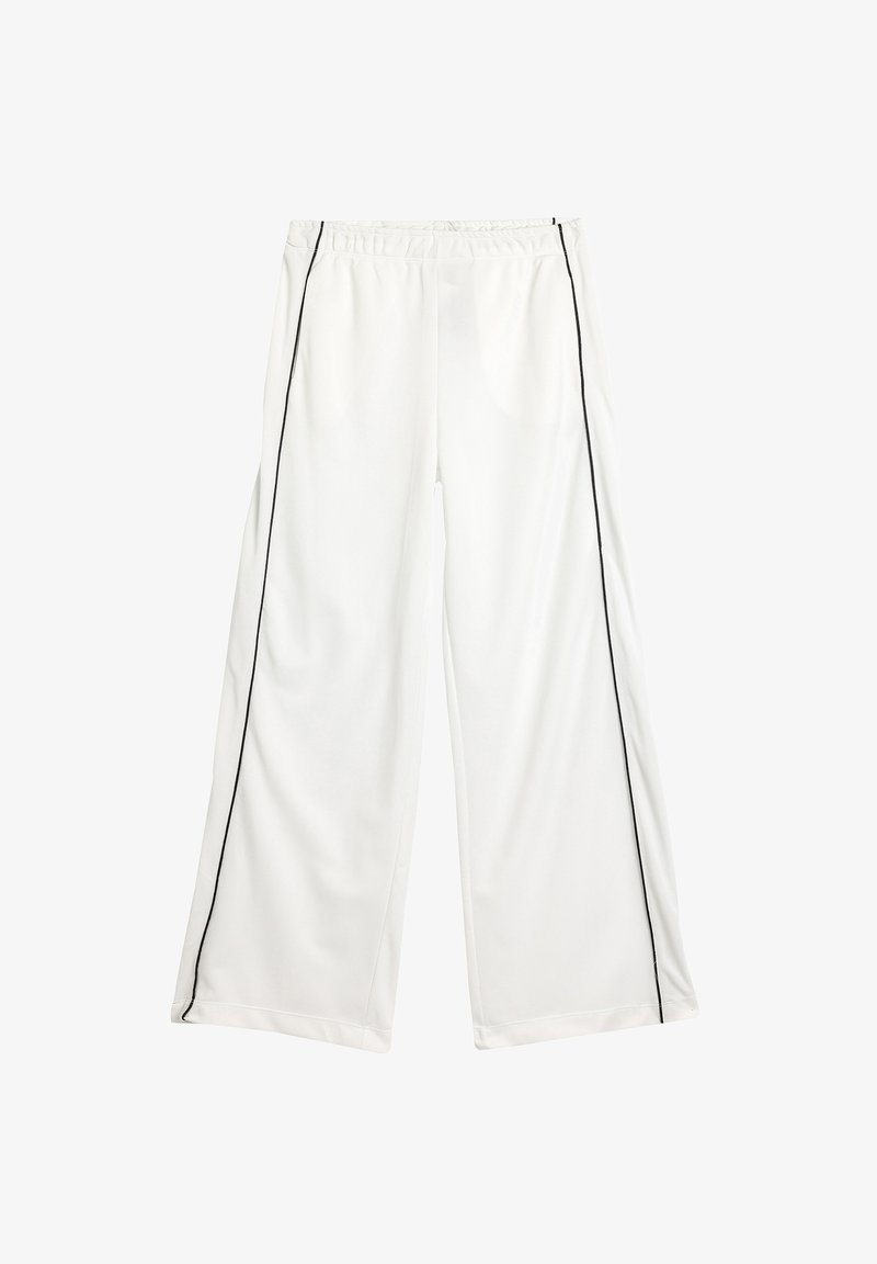 White wide-leg pants with a black side stripe, made of smooth fabric with an elastic waistband and no visible pockets.