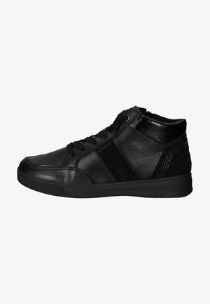Black high-top sneakers made of textured leather, featuring a smooth toe cap, black laces, and side accents with perforated detailing.