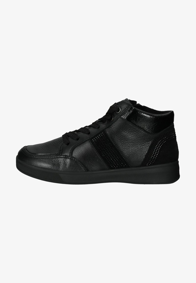 Black high-top sneakers made of textured leather, featuring a smooth toe cap, black laces, and side accents with perforated detailing.