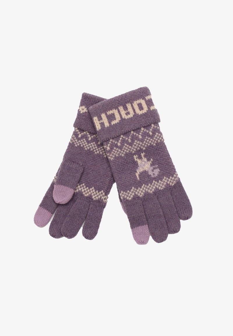 Violet neulotut käsineet, joissa on kuvioitu kaulus, jossa on vaaleansävyinen siksak-kuvio ja hirvimotiivi. Korostukset vaaleammassa violetissa sävyssä.