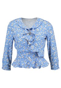 Blusa floreale blu con maniche lunghe, caratterizzata da un frontale arricciato, colletto rotondo e orlo peplo. Realizzata in tessuto leggero con una consistenza morbida.