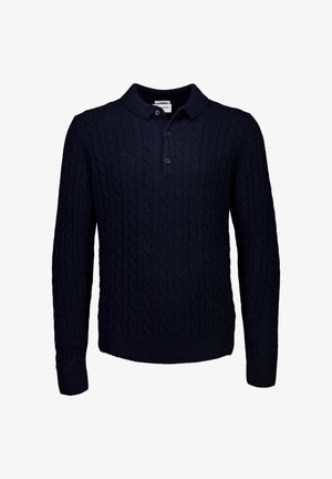 Pullover in maglione a trecce blu navy con maniche lunghe e colletto, dotato di tre bottoni di chiusura al colletto. Texture morbida.