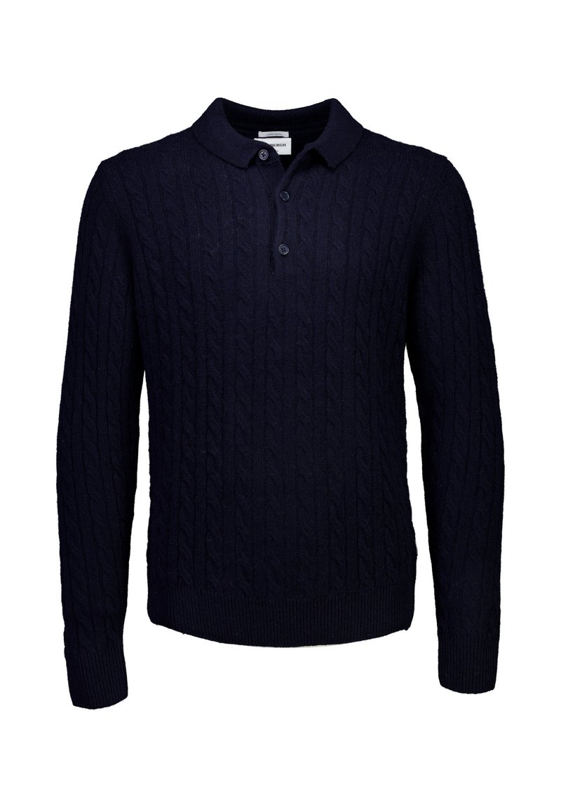 Marineblauer Kabelstrickpullover mit langen Ärmeln und Kragen, mit drei Knopfverschlüssen am Kragen. Weicher Stoff.