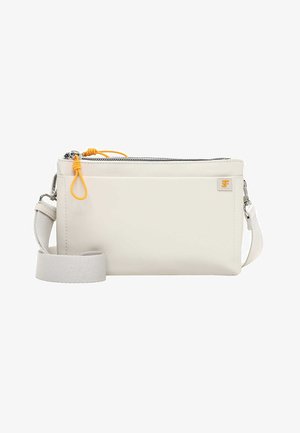 Väike ristkülikukujuline valge õlakott esitaskuga, hõbedase luku, kollase tõmblukuga ja reguleeritava kangast rihmaga.