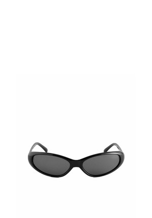 Elegante schwarze Sonnenbrille mit rundum verlaufenden dunklen Gläsern und gebogenen Bügeln, entworfen für eine enge Passform um die Augen.