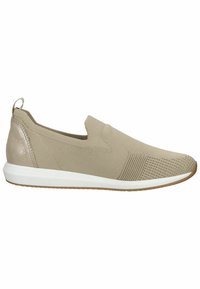 Light beige slip-on shoes with a textured knit upper, white midsole, and a glossy accent at the heel. Flexible and lightweight design.