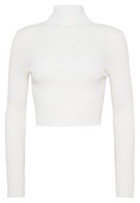 Pull à col roulé blanc côtelé avec manches longues et ourlet court. Présente un motif texturé sur l'ensemble du tissu.