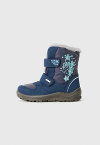 Granatowe zimowe buty z futrzanym kołnierzem, regulowanymi paskami na rzepy oraz dekoracyjnymi wzorami jednorożca i gwiazdek w kolorze turkusowym na boku.