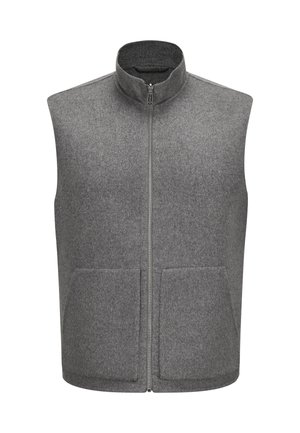 Graue ärmellose Fleeceweste mit Frontreißverschluss und zwei Taschen, hoher Kragen, schlichtes Design auf weißem Hintergrund.