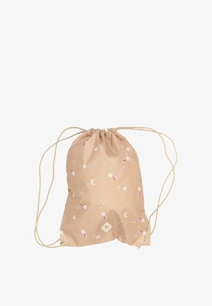 Lichtroze drawstring tas van synthetisch materiaal met ster- en maanpatronen, voorzien van een bovenste treksluiting en koorden in natuurlijke kleur.