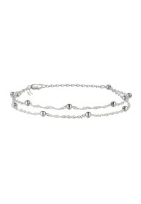 Silver bracelet with twisted chain design, featuring round beads and a lobster clasp. Smooth texture and polished finish.