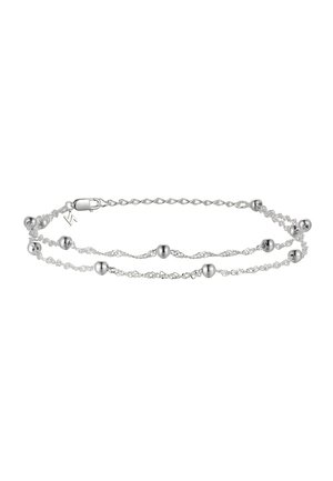 Silver bracelet with twisted chain design, featuring round beads and a lobster clasp. Smooth texture and polished finish.