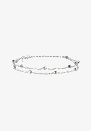 Silberarmband mit gedrehtem Kettendesign, versehen mit runden Perlen und einem Karabinerverschluss. Glatte Textur und polierte Oberfläche.
