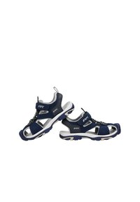 Námořnické modré sandály s texturovaným svrškem, stélkou a elastickými tkaničkami. Mají popruh na suchý zip a otevřený design špičky. Lehká podrážka.