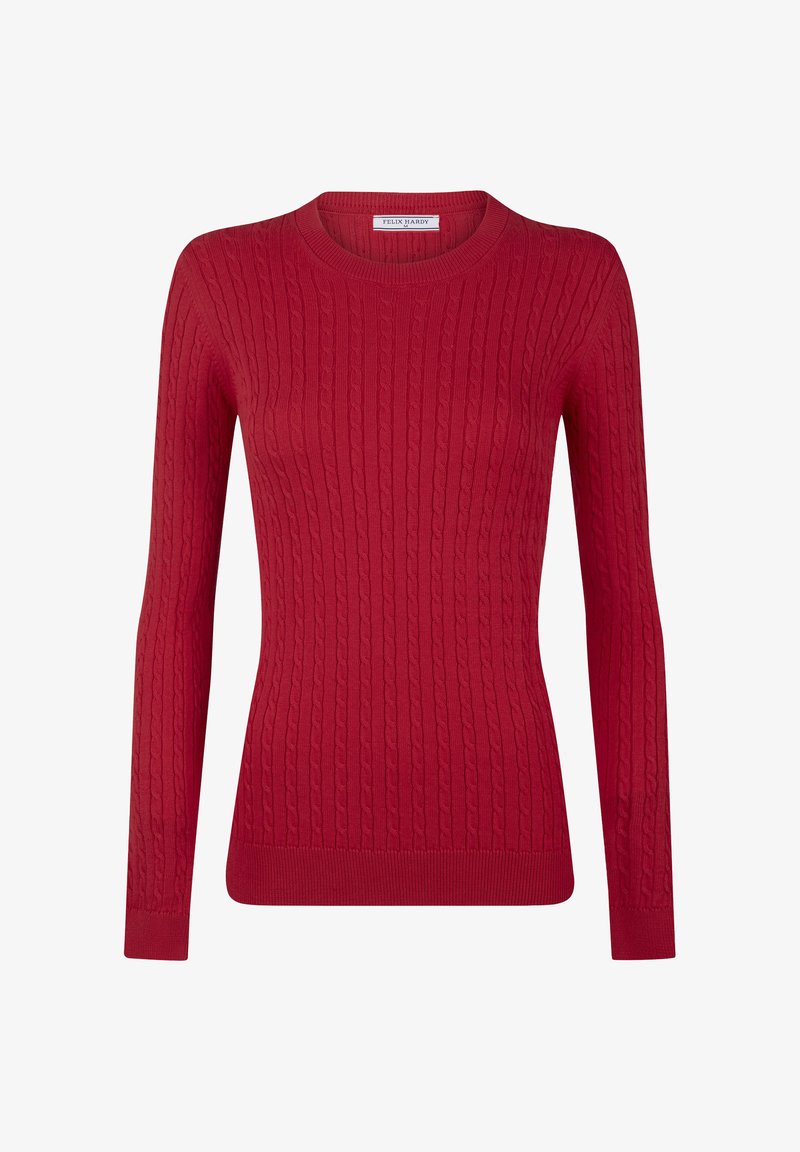 Punane pikaveoline kaabelkootud kampsun ümarate kaeluse ja soonikkoes varrukate ning servadega.