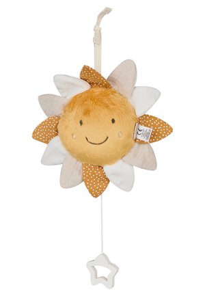 Plush sun-shaped baby toy with smiling face, orange and white fabric petals, hanging loop, and star-shaped pull string.