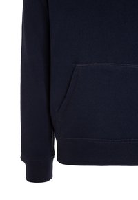 Navy hoodie made of soft fabric, featuring a front kangaroo pocket, ribbed cuffs, and a smooth texture.