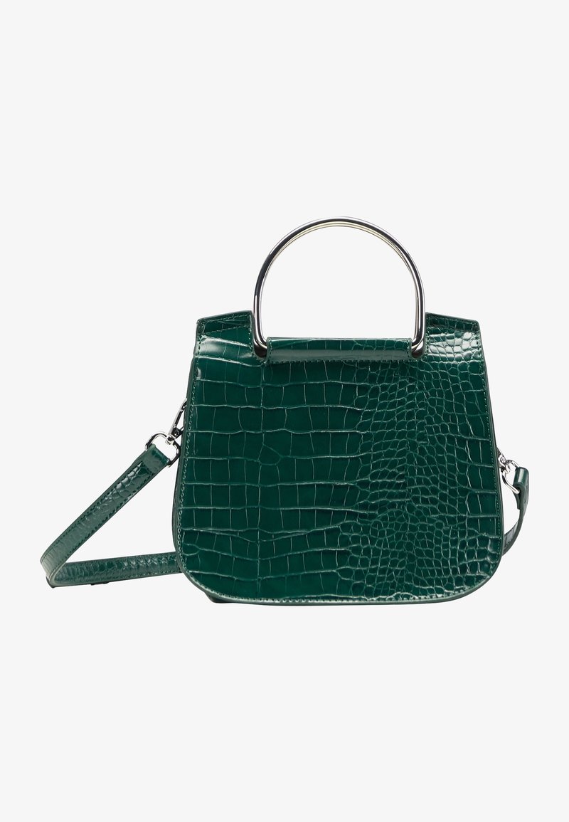 Borsa in ecopelle verde a forma di croccodrillo con manico circolare in argento, tracolla regolabile, forma strutturata e superficie testurizzata.