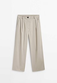 Beige wijde broekspijpen van gladde stof, met voorplooien, een knoopsluiting en zijzakken.