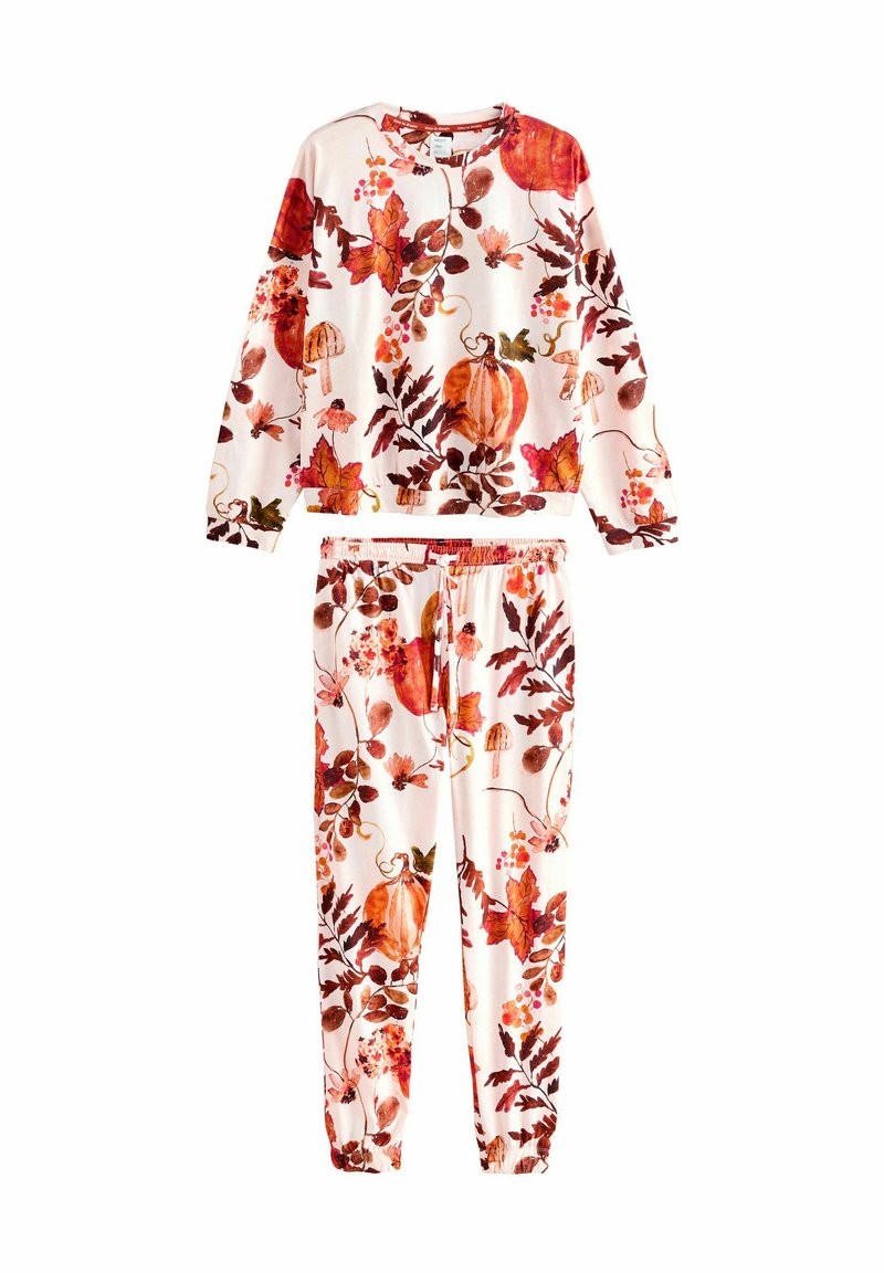 Twee-delige pyjama set met een longsleeve top en een broek met elastische tailleband, met een witte basis en een kleurrijke herfstbladeren en pompoenen print.