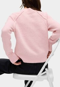 Maglione rosa a maglia con polsini e orlo a coste, caratterizzato da un collo rotondo e maniche raglan, visto di spalle. Indossato con jeans scuri.