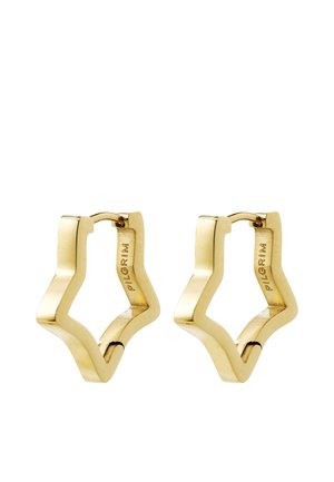 Øreringe i guldfarvet metal formet som uregelmæssige stjerner med hængslet lås, graveret med mærkenavnet Pilgrim indeni.