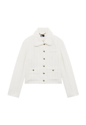 White textured cropped jacket with long sleeves, pointed collar, six gold buttons, and three front pockets with button details.