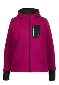 Veste softshell fuchsia avec des accents noirs, fermeture éclair avant, capuche ajustable et poche zippée sur la poitrine. Présente des trous pour les pouces aux poignets.