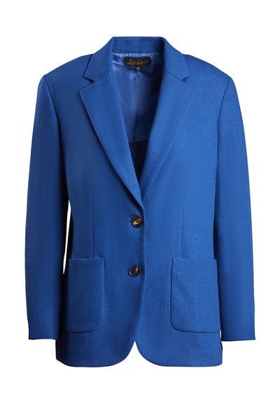 Blue blazer in textured fabric, single-breasted with two buttons, notch lapels, and two front pockets. Lined interior, classic design.