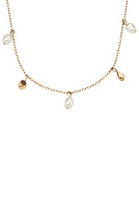 Gouden ketting met vijf verschillende bedels: twee parels en drie geometrische vormen met een glanzende afwerking, wat zorgt voor een delicate uitstraling.