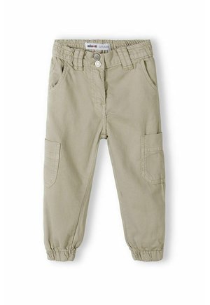 Pantaloni cargo beige chiaro con vita elastica, tasche frontali e polsini elastici. Tessuto resistente con finitura texturizzata e tasca laterale cargo.