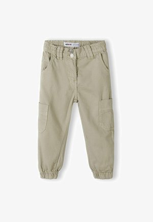 Light beige cargo pants with an elastic waistband, front pockets, and elastic cuffs. Durable fabric with a textured finish and side cargo pocket.