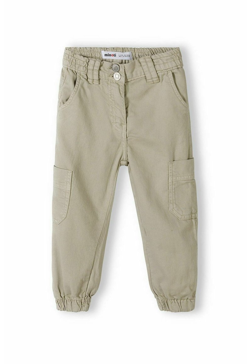 Ljusbeiga cargobyxor med elastisk midja, framfickor och elastiska muddar. Hållbart tyg med en texturerad yta och sidoficka.