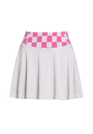 Jupe évasée blanche avec une large ceinture à carreaux rose et blanche, présentée à plat sur un fond blanc.