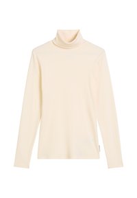 Cremfarbener Rollkragen-Pullover mit langen Ärmeln aus weichem Stoff, der eine eng anliegende Silhouette und eine glatte, gerippte Textur aufweist. Keine sichtbaren Muster.