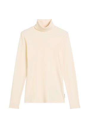 Cremfarbener Rollkragen-Pullover mit langen Ärmeln aus weichem Stoff, der eine eng anliegende Silhouette und eine glatte, gerippte Textur aufweist. Keine sichtbaren Muster.