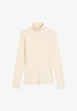 Cremfarbener Rollkragen-Pullover mit langen Ärmeln aus weichem Stoff, der eine eng anliegende Silhouette und eine glatte, gerippte Textur aufweist. Keine sichtbaren Muster.