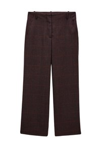 Pantalons à motif chevrons marron avec une coupe ample, présentant des accents à carreaux orange, deux poches avant et des passants de ceinture.