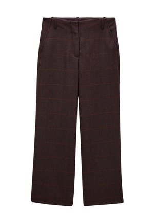 Pantalons à motif chevrons marron avec une coupe ample, présentant des accents à carreaux orange, deux poches avant et des passants de ceinture.