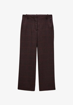 Pantalons à motif chevrons marron avec une coupe ample, présentant des accents à carreaux orange, deux poches avant et des passants de ceinture.